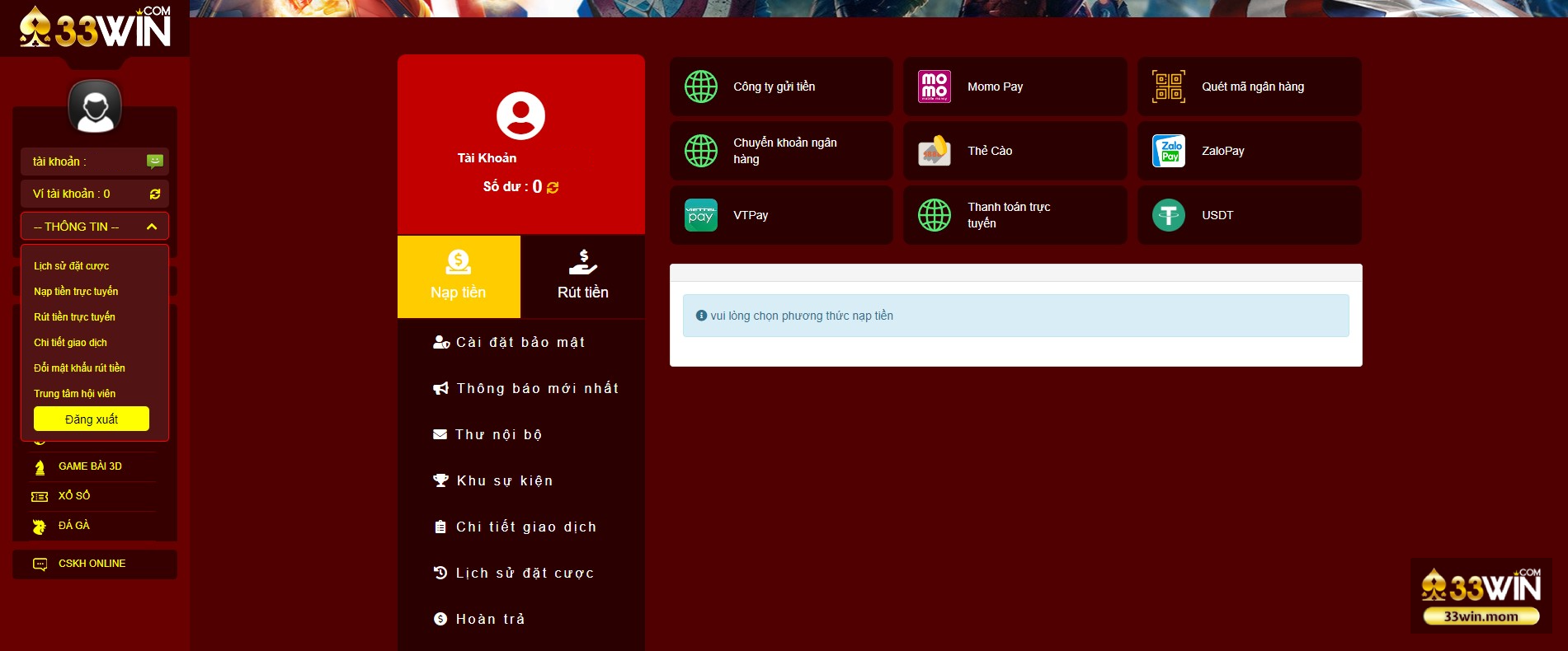 Hướng dẫn từng bước nạp tiền 33Win, giúp anh em dễ dàng lựa chọn phương thức phù hợp nhất